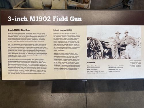 An angled view of the placard for the 3-inch M1902 Field Gun, including a side section on the '3-inch Limber M1916', a black-and-white photo of crewmen with the gun, and a Statistics box. Shot at a diagonal but mostly legible.