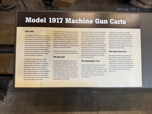 A clear, well-lit placard titled 'Model 1917 Machine Gun Carts', with subsections 'The Gun Cart', 'The Ammunition Cart', and 'The Spare Parts Cart'. Fully legible.