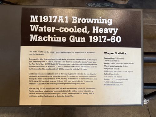 A clear, sharply-lit placard for the 'M1917A1 Browning Water-cooled, Heavy Machine Gun 1917-60', with a black-and-white photo of a gun crew and a Weapon Statistics box. Fully legible.