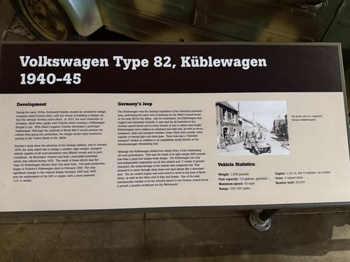 Placard titled 'Volkswagen Type 82, Kublewagen 1940-45' with Development and 'Germany's Jeep' sections, a historic photo of a captured Kubelwagen, and a Vehicle Statistics box.