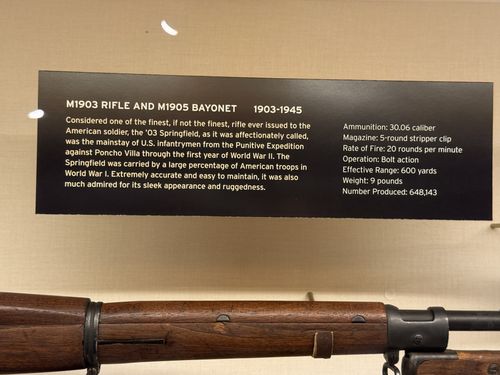 Close-up of the placard for the M1903 Rifle and M1905 Bayonet, with the wooden rifle stock visible below the sign.