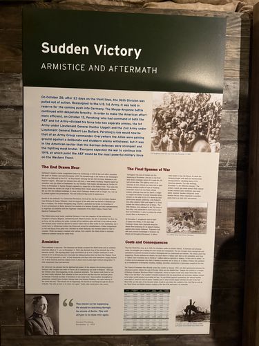 Tall story panel titled 'Sudden Victory - Armistice and Aftermath,' with sections 'The End Draws Near,' 'The Final Spasms of War,' 'Armistice,' and 'Costs and Consequences,' plus a portrait of General Pershing, a quote, and a casualty data table.