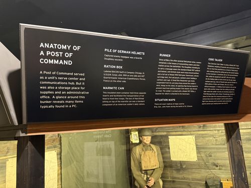 The large interpretive header panel above the Post of Command diorama, titled 'ANATOMY OF A POST OF COMMAND', a dark panel with white/cream text in multiple columns describing the artifacts in the diorama (German helmets, ration box, marmite can, runner, situation maps, code talker). A doughboy mannequin is visible in the case below the panel.