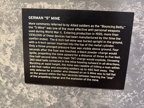 Small black laminated label card titled 'German "S" Mine', photographed close up against a gray background. Fully legible.