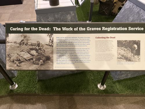 Low horizontal sloped placard set on artificial-grass display titled 'Caring for the Dead: The Work of the Graves Registration Service', with archival battlefield photographs and sections describing the GRS and 'Collecting the Dead'.