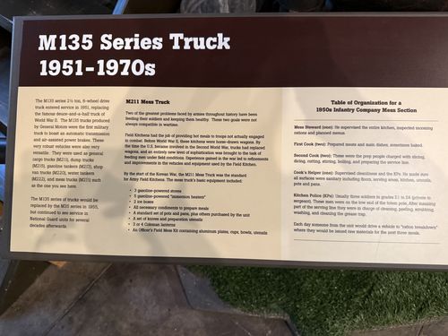 Left half of a long placard titled 'M135 Series Truck 1951-1970s', covering the M135 cargo truck family, a section on the 'M211 Mess Truck', and a 'Table of Organization for a 1950s Infantry Company Mess Section' listing kitchen crew roles.
