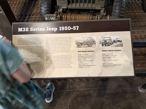 Angled overhead shot of the large brown 'M38 Series Jeep 1950-57' placard mounted on a railing in front of the jeep, with two side-by-side blocks of vehicle statistics and small black-and-white photos of jeeps in convoy.